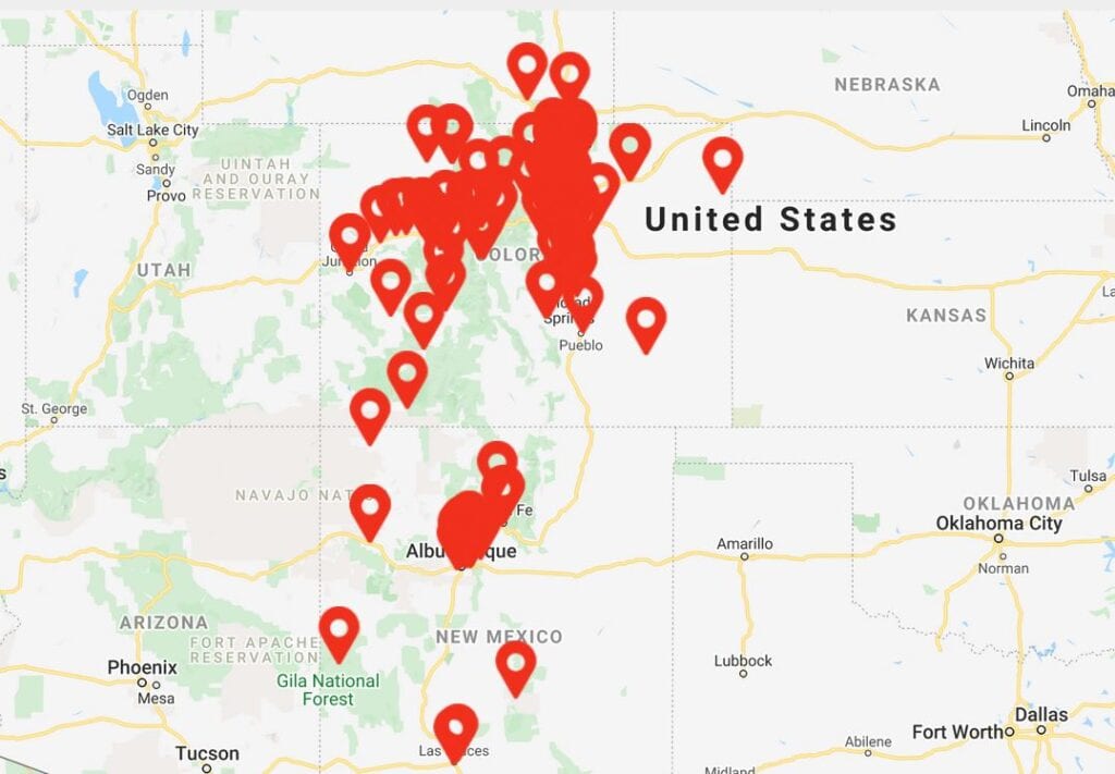 Map of the US with hundreds of red placemarkers.